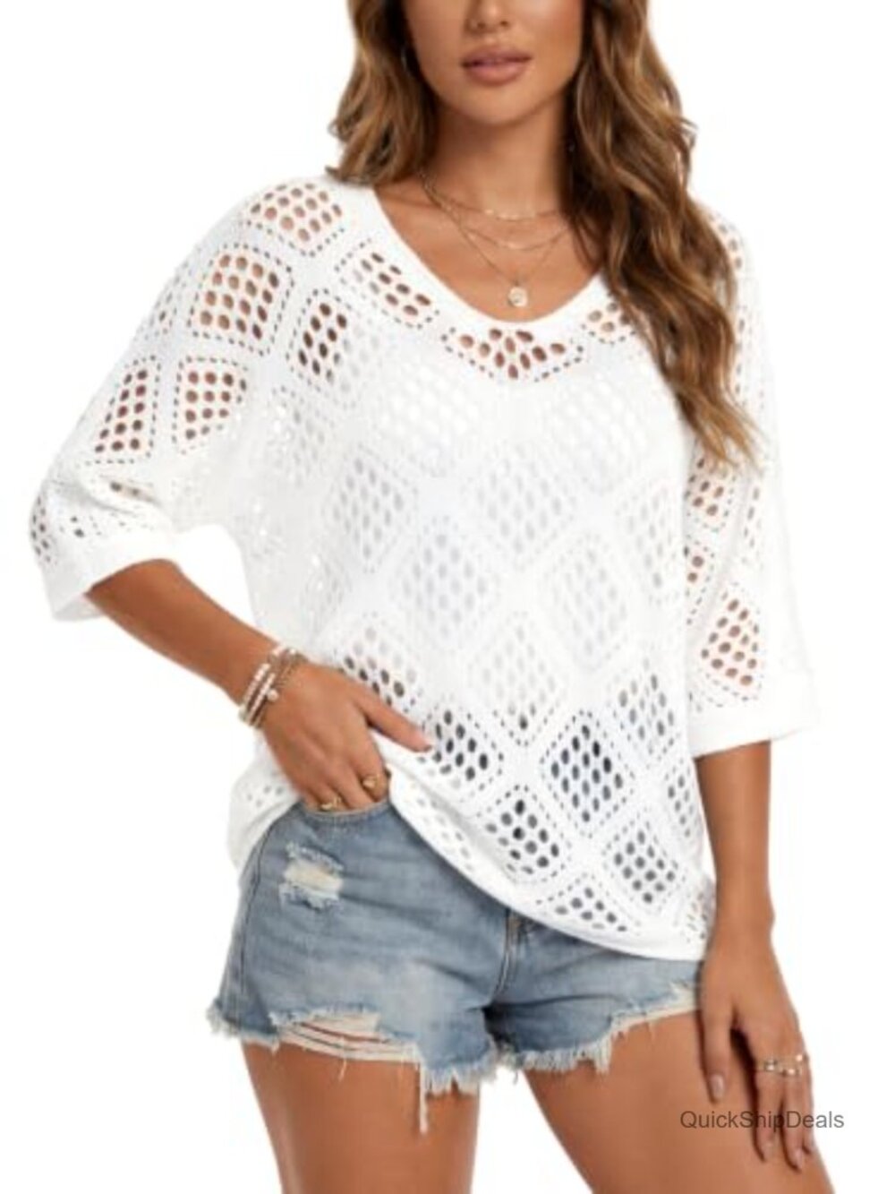 Womens Crochet Cover Up Top 3/4 Sleeve V Neck Boho Summer